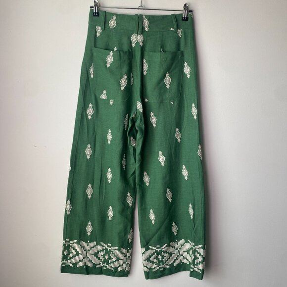 Zara NWT Green Wide-Leg Cropped Pants With White Embroidered Pattern XS - Picture 4 of 6